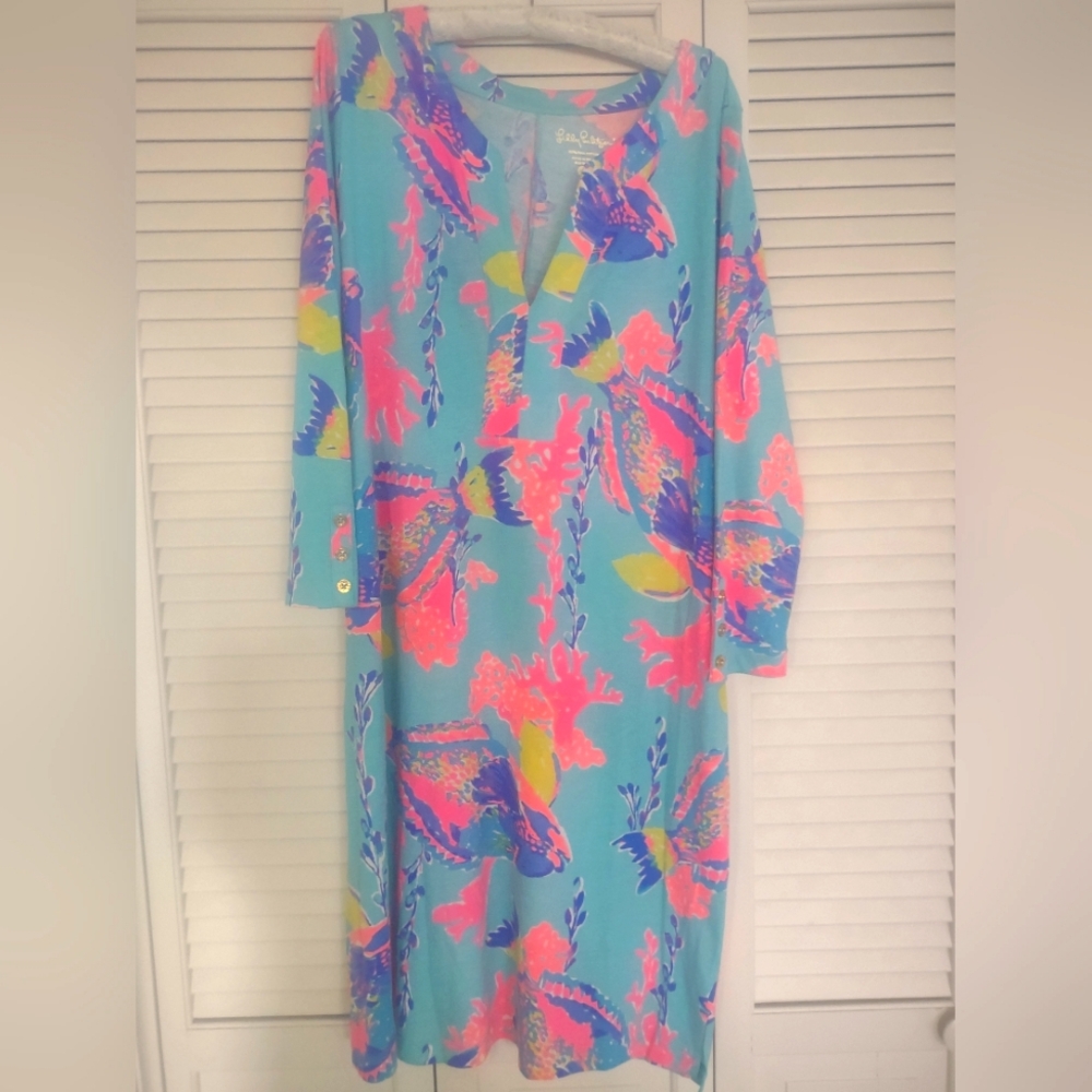Lilly Pulitzer Aqua Floral Shift Dress with Neon Pink and Navy Accents